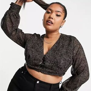 Koco & K Plus volume sleeve crop top in disty print Long Sleeves Button Up Shirt